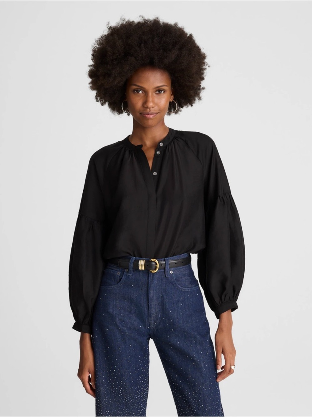 Madewell Shirred Balloon-Sleeve Top in Jet Black Size XS